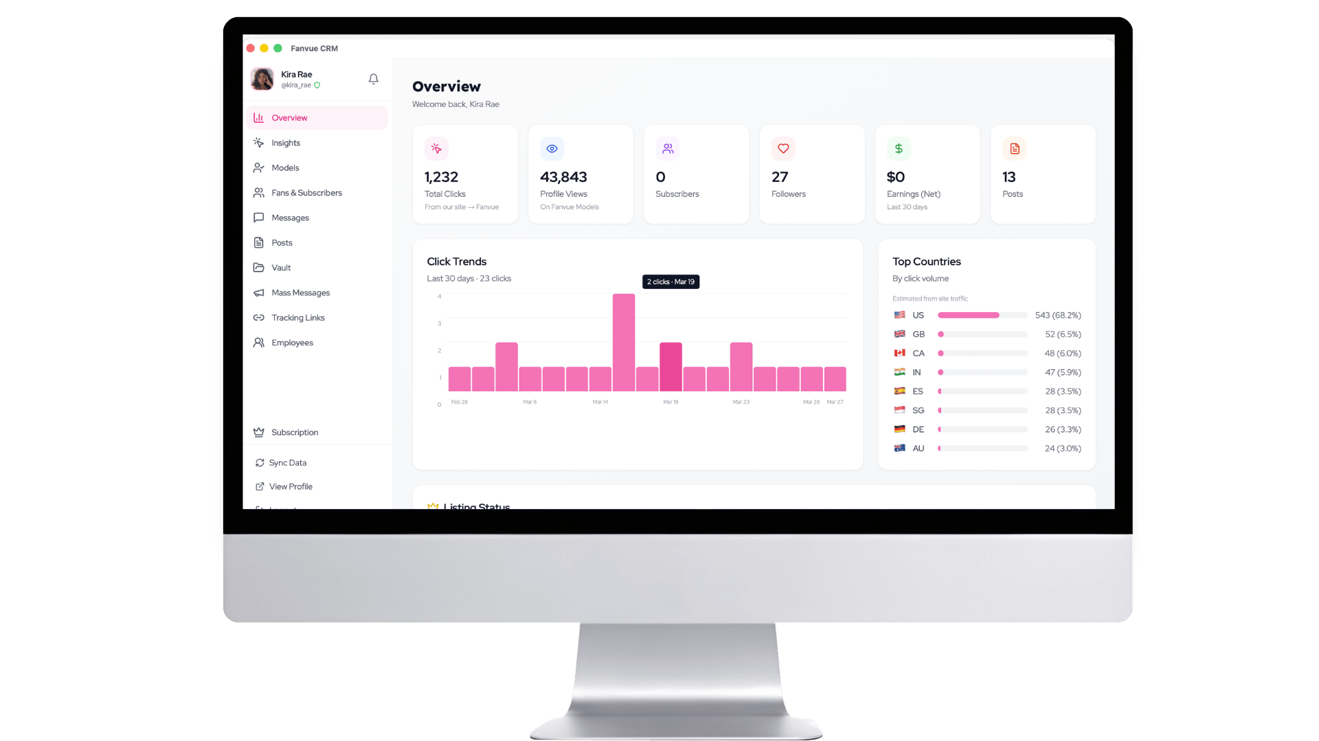 Fanvue Daily CRM: creator overview dashboard