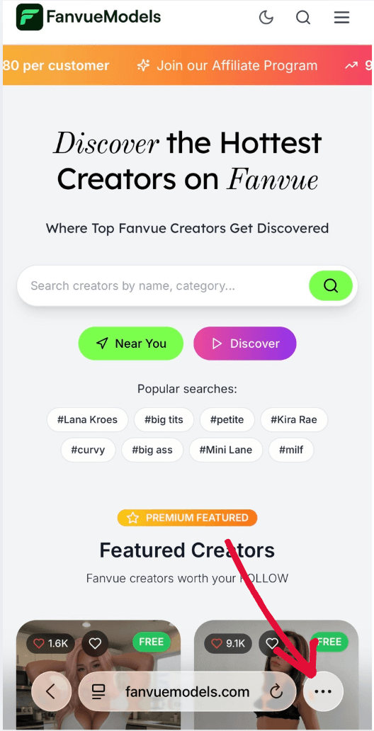 Step 1: Tap the three dots menu in Safari to install Fanvue Daily app